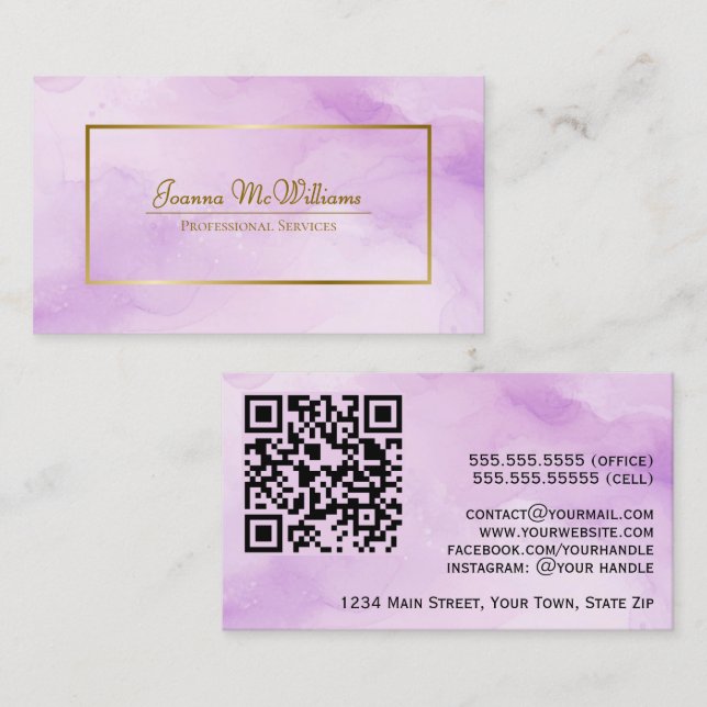 Lila QR-Code für Aquarellfarben und Gold Visitenkarte (Vorne/Hinten)
