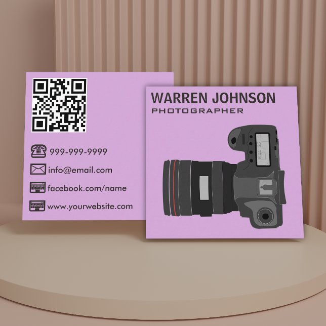 Lila QR-Code für moderne Fotografen Quadratische Visitenkarte (Von Creator hochgeladen)