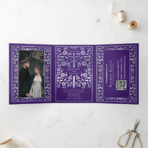 Lila QR-Code für Silberhochzeit im Mittelalter Dreifach Gefaltete Einladung