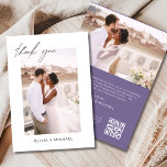 Lila QR-Code Hochzeit Vielen Dank Foto-Karte Dankeskarte<br><div class="desc">Hochzeit Dankeschön Karten, die ein Foto Bilder und Text auf der Vorder- und Rückseite haben. Die Dankeschön-Karten enthalten eine moderne, handgeschriebene, kursive Schriftzeichen-Typografie, die elegant, einfach und modern nach einem minimalistischen einfachen Hochzeitstag-Fest zu verwenden sind.</div>