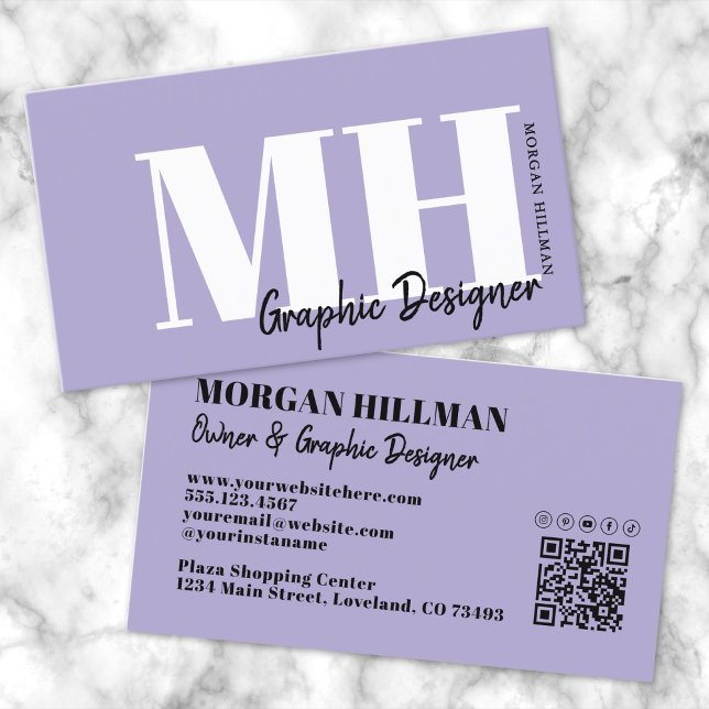 Lila QR-Code Lila Monogramm Visitenkarte (Lavender QR Code Purple Monogram Business Card )