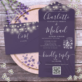 Lila QR Code Mason Jars String Light Wedding All In One Einladung