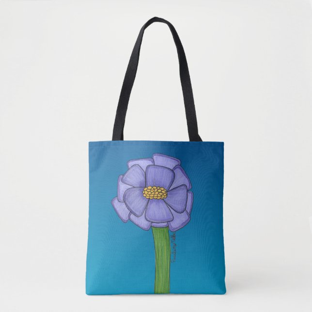Lila quadratische Blume mit blauem Hintergrund Tasche (Vorderseite)