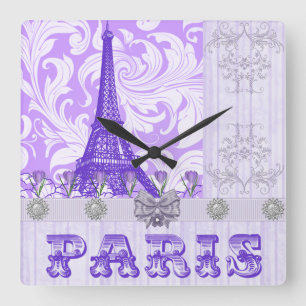 Lila quadratische Wand-Pastelluhr Paris Wanduhr