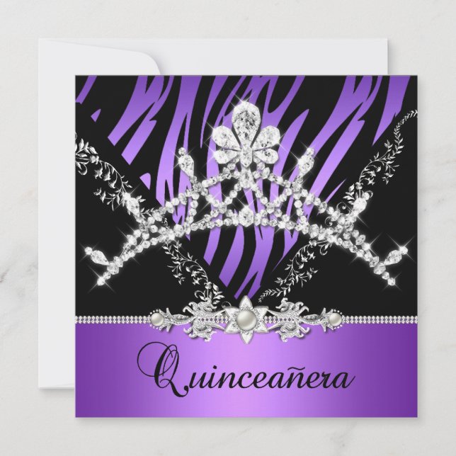 Lila Quinceanera 15. Zebra Tiara Diamond Einladung (Vorderseite)