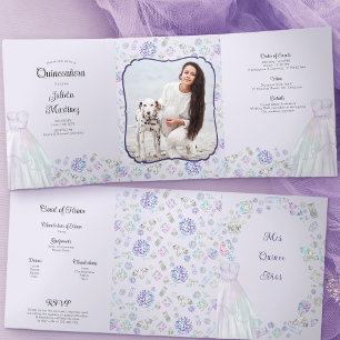 Lila Quinceanera Diamanten Prinzessinnen Kleid Fot Dreifach Gefaltete Einladung