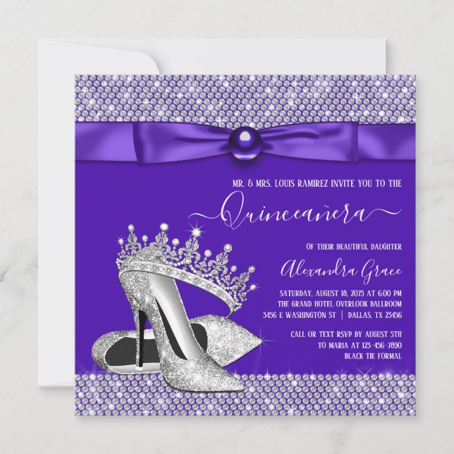 Lila Quinceanera Diamond Tiara Princess Einladung (Vorderseite)