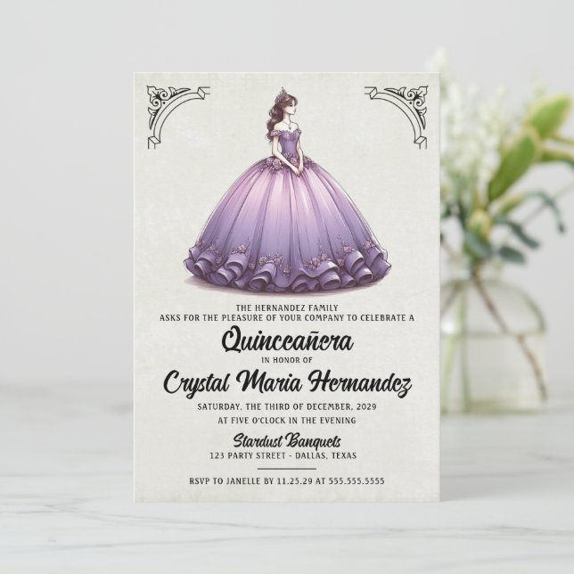 Lila Quinceañera Einladung (Stehend Vorderseite)