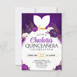 Lila Quinceañera Floral White Princess Dress Einladung