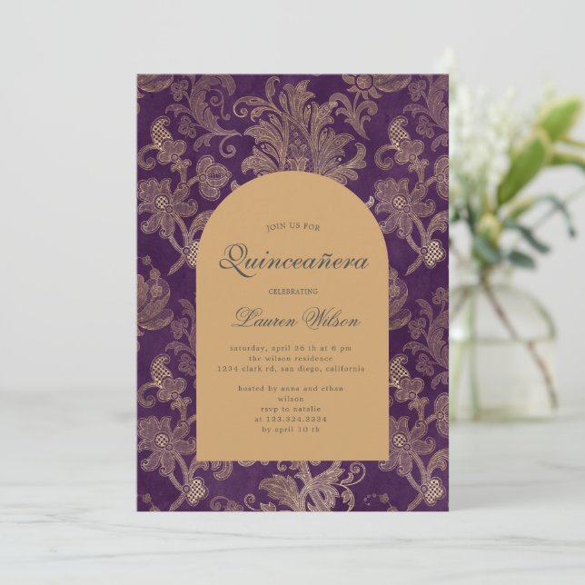 lila Quinceanera-Fotokarte Save The Date (Stehend Vorderseite)