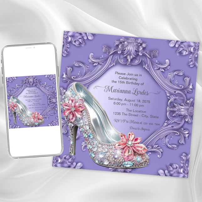 Lila Quinceañera Geburtstagspartei Einladung (Purple jewel shoe any occasion invitation. Instant download and printed invitations available.)