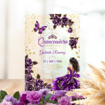 Lila Quinceañera goldene Tiararosen Schmetterlinge