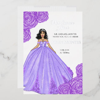 Lila Quinceanera-Kleid und Blume Folieneinladung
