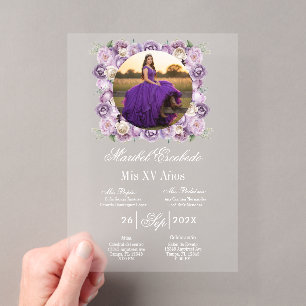 Lila Quinceañera mit Bild-Einladung Acryleinladungen