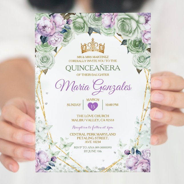 Lila Quinceañera Sage Green Mexican Butterfly Einladung (Von Creator hochgeladen)