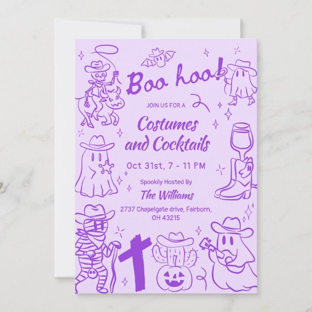 Lila Quirky Hand Drawing Cowboy-Halloween-Party Einladung (Vorderseite)
