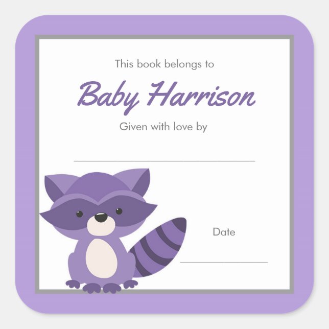 Lila Raccoon Baby Dusche Buchzeichen, Mädchenbuch Quadratischer Aufkleber (Vorderseite)