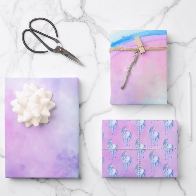 Lila Rainbow Unicorn Geschenkpapier Set (Vorderseite)