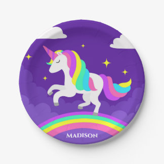 Lila Rainbow Unicorn Party Personalisiert Name Pappteller