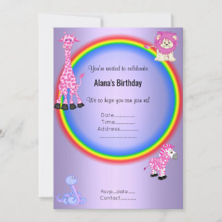 Lila Rainbow Zoo Geburtstagsparty Einladung