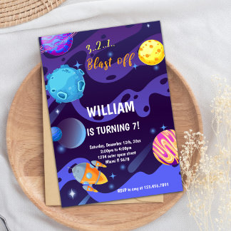 Lila Raketenplaneten Einladungen zum Geburtstag