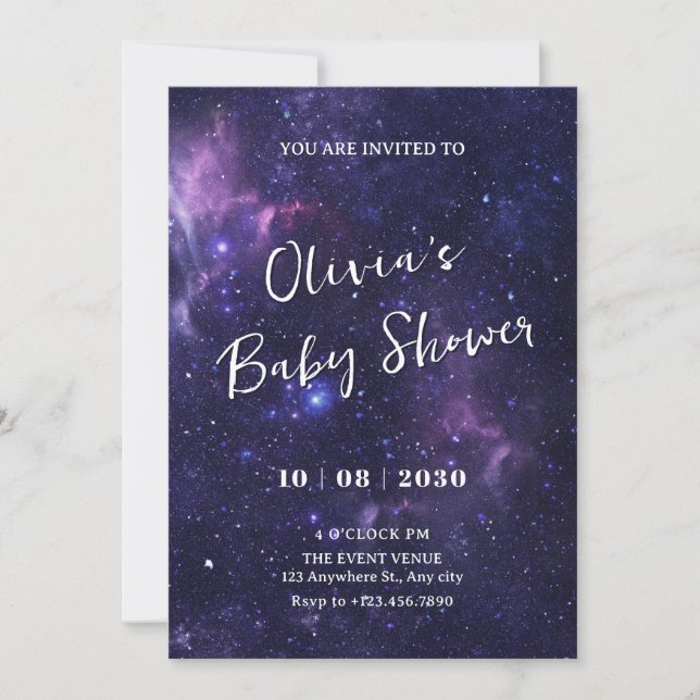 Lila Raumgalaxie Babydusche Einladung (Vorderseite)