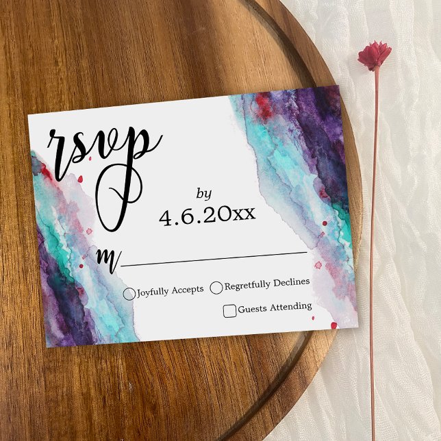 Lila Red Aqua Abstrakt Watercolor Wedding RSVP (Von Creator hochgeladen)