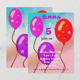 Lila Red Balloons Kindergeburtstag Party  Einladungspostkarte