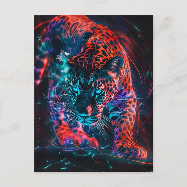 Lila Red Türkise Neon Jaguar Light Postkarte (Vorderseite)