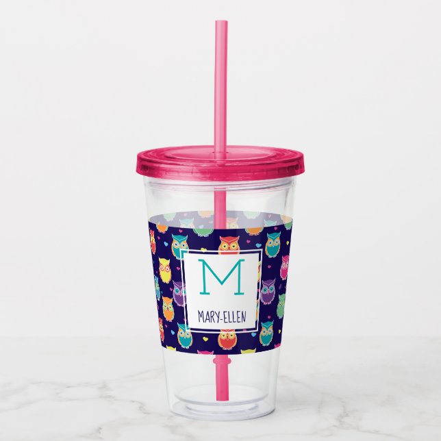 Lila Regenbogen-Eulen-Muster-mit Monogramm Mädchen Acryltrinkbecher (Vorderseite)