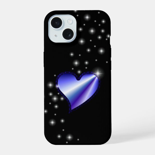 Lila Regenbogenherz mit Sternen auf schwarz iPhone 15 Hülle (Rückseite)