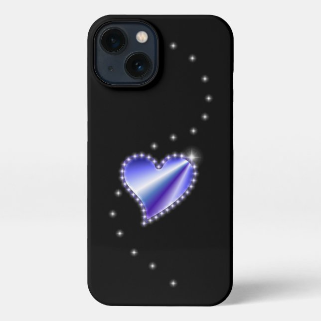 Lila Regenbogenherz mit Sternen auf schwarz iPhone Hülle (Rückseite)