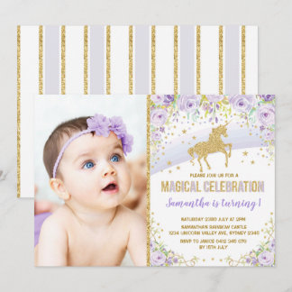 Lila Regenbogenunicorn-Lavendel-Goldgeburtstag Einladung