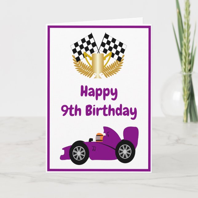 Lila Rennwagendesign Personalisiert 9. Geburtstag Karte (Vorderseite)