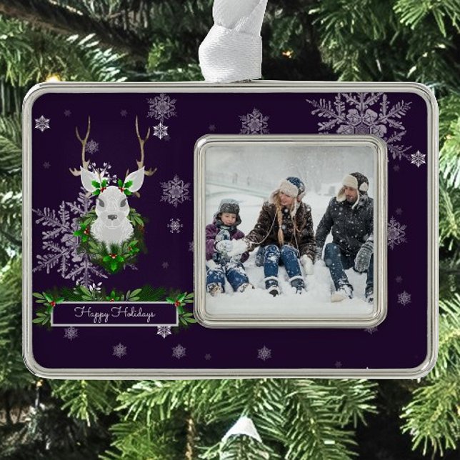 Lila Rentier-Gerahmtes Ornament Rahmen-Ornament Silber (Purple Reindeer Framed Ornament)
