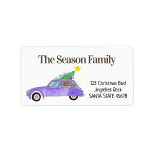 Lila Retro-Auto mit Weihnachtsgeschenken Adressaufkleber