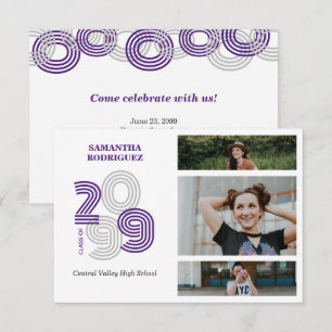 Lila Retro Big Numbers 3-Foto-Abschluss Einladung