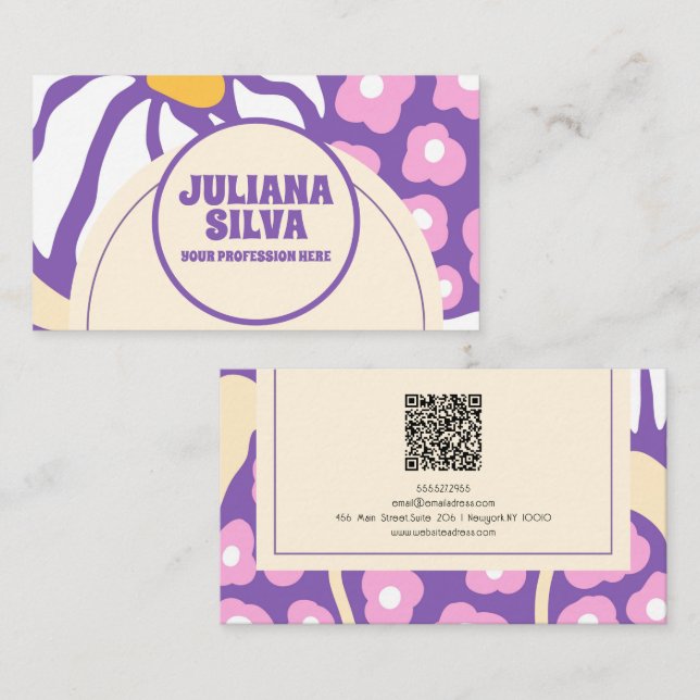 Lila Retro-Blüte mit QR-Visitenkarte Visitenkarte (Vorne/Hinten)
