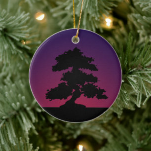 Lila Retro Bonsai Sonnenuntergang Keramik Ornament