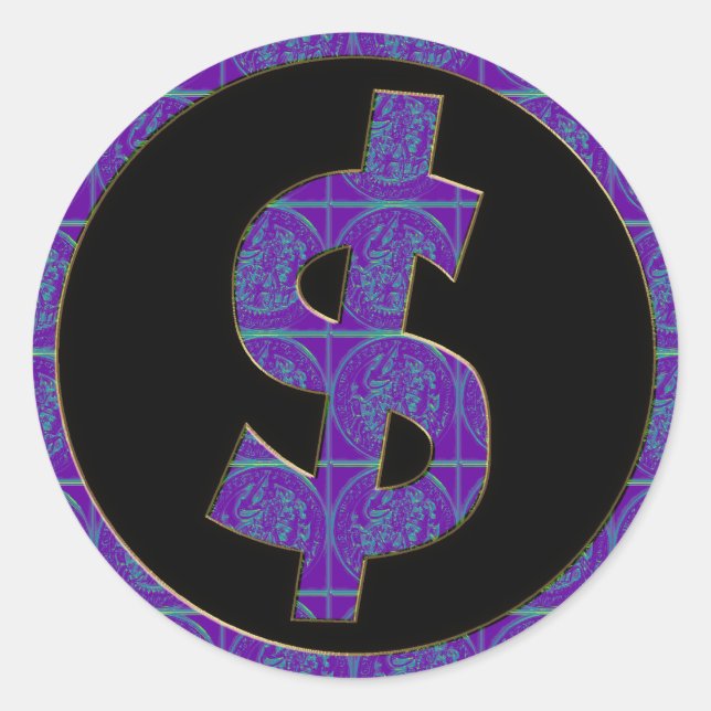 LILA RETRO-DOLLAR-SIGN RUNDER AUFKLEBER (Vorderseite)