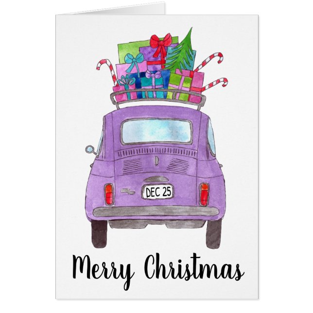 Lila Retro Fiat 500 mit Weihnachtsgeschenken (Vorne)