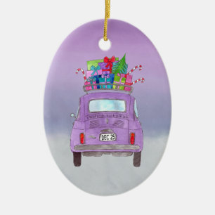 Lila Retro Fiat 500 mit Weihnachtsgeschenken Keramik Ornament