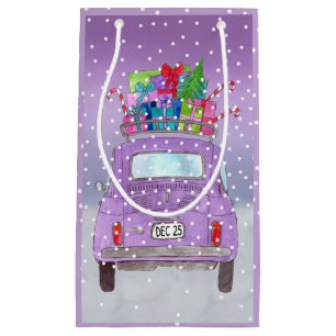 Lila Retro Fiat 500 mit Weihnachtsgeschenken Kleine Geschenktüte