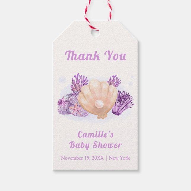 Lila Retro Pearl Seashell Baby Dusche Geschenkanhänger (Vorderseite)