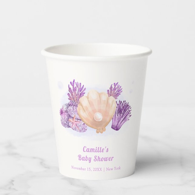 Lila Retro Pearl Seashell Baby Dusche Pappbecher (Vorderseite)