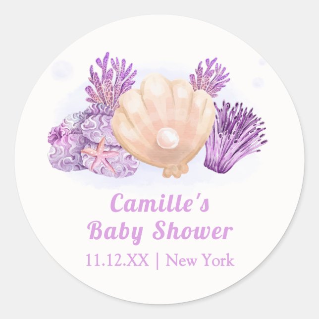 Lila Retro Pearl Seashell Baby Dusche Runder Aufkleber (Vorderseite)