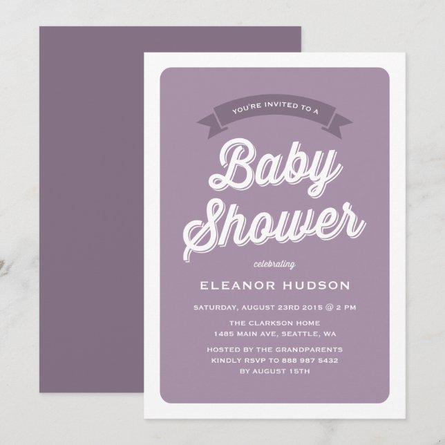 Lila Retro Typografie Script Classic Baby Shower Einladung (Vorne/Hinten)