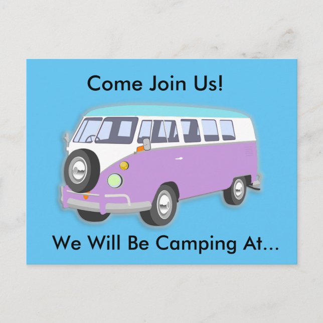 Lila Retro Van Camping Trip Einladung Postkarte (Vorderseite)