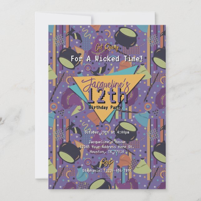 Lila Retro Witchy Halloween Geburtstagseinladung Einladung (Vorderseite)