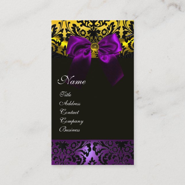 LILA RIBBON BLACK GOLD YELLOW DAMASK MONOGRAMM VISITENKARTE (Vorderseite)